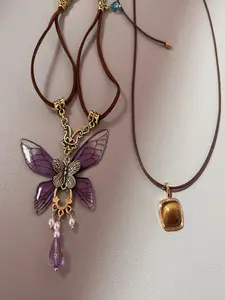 2pc Vintage Tiger Eye Necklace Set, Butterfly Pendant, Geometric Long Leather Cord, Party Jewelry Gift, Unisex, Graduation Present
