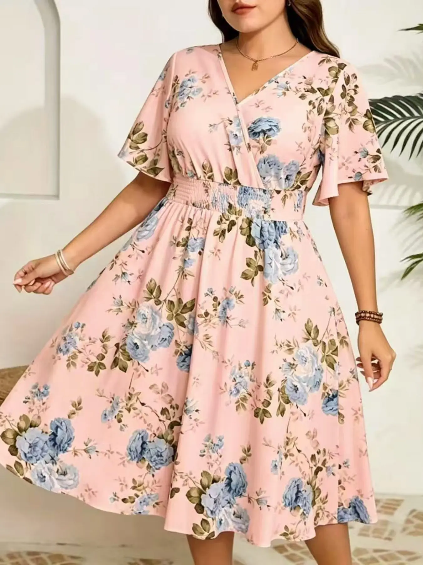 Women's Plus Size V Neck Short Sleeve Ruffle High Waist Floral Leaf Printed Dress, Casual, Elegant Feminine A-Line Midi Skirt, Comfortable & Stylish for Daily Wear, Womenswear