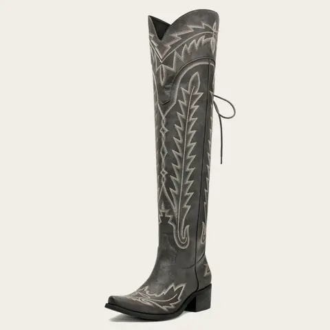 Redtop The Ross Women's Classic Charcoal Extra Tall Wide Calf Embroidered Snip Toe Cowgirl Boots - Rubber-Synthetic-Mesh, Back Lace Footwear for Western-Themed Special Occasions, All Seasons Cowboy Aesthetic Shoes