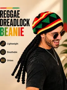 Jamaican Rasta Hat with Long Dreads Wig, Knitted Cap, Funny Hat, Halloween Party Costume, Braided Hairstyle, Outdoor Entertainment, Party Accessories, Party Supplies