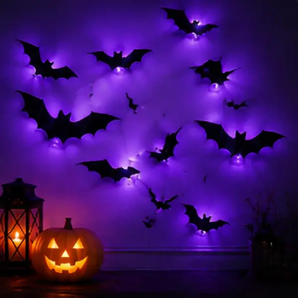 Halloween Spooky Ornaments: 12pcs/24pcs 3D Bat Light LED Decorations | Bendable Wall Stickers, Smooth Bubble-Free Application, Easy Install | Battery Powered Glowing Decor | Non-Remote Indoor Decor for Home, Party, Window, Door, Festival