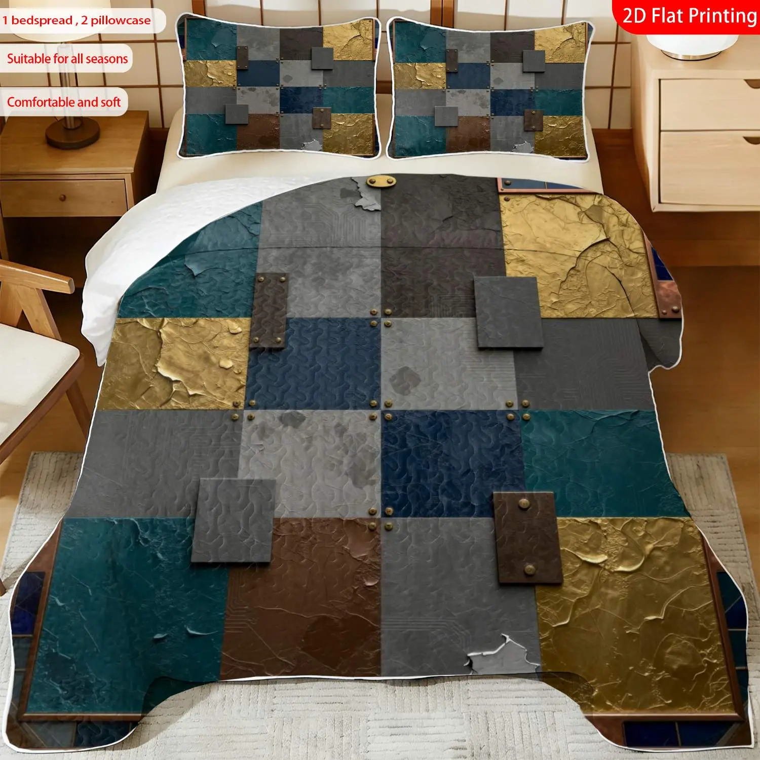 3pcs, 2D flat print Vintage Medieval Shield Pattern Bedspread Set, Gothic Armor & Metallic Texture Theme, multiple sizes available, bedding set, festive decorative bedding, ideal for bedroom décor(1 bedspread , 2 pillowcase)
