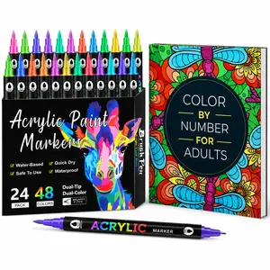 Paint by Numbers Art Book with 48 Color Marker Set – Flowers, Animals, Mandalas, Nature & Landscape Designs (Adult-Friendly)
