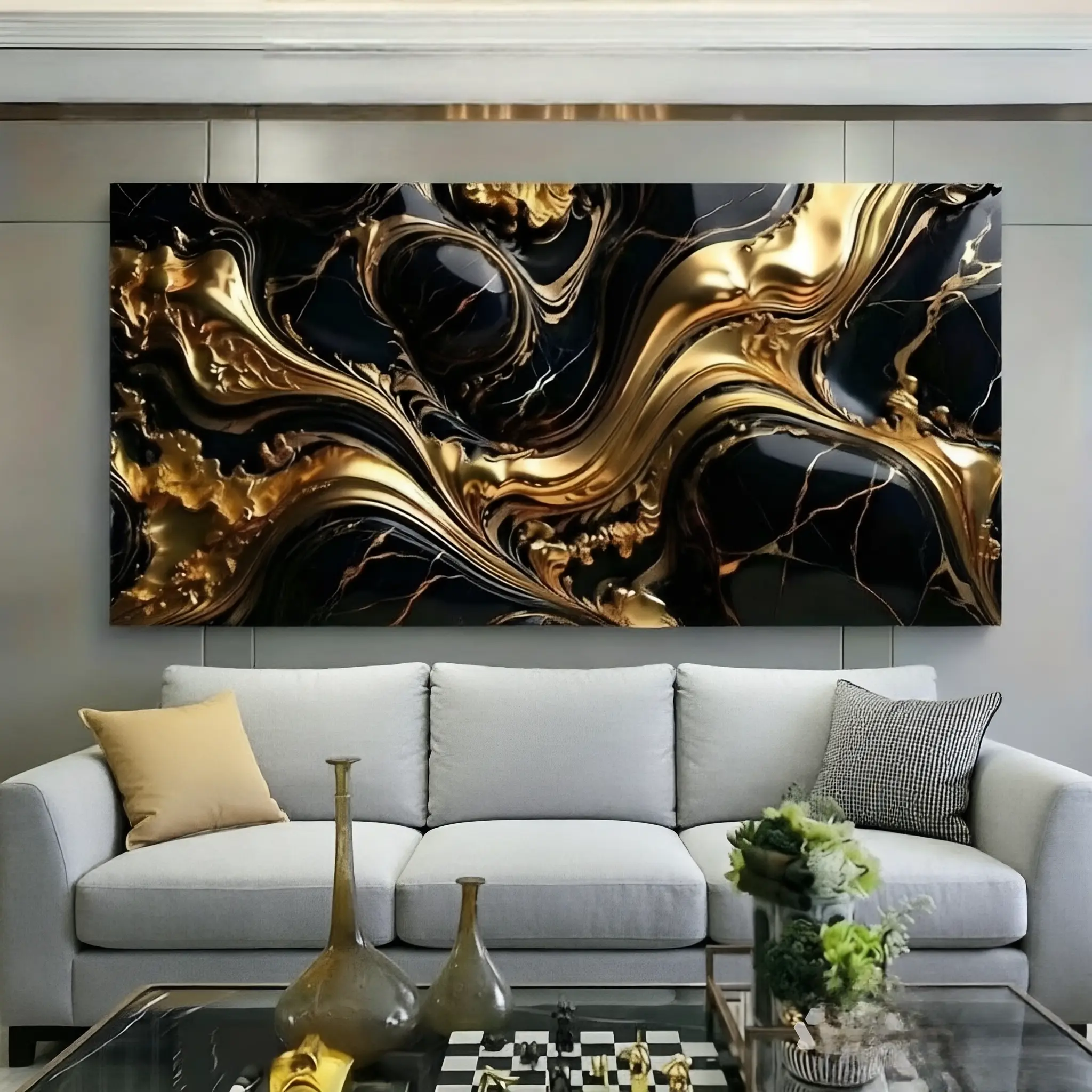 canvas wall.1 Piece 30x60inch.Framed Artistic Canvas Painting - Modern Abstract Marble Wall Art, Gold and Black Luxury Design, Home Decor for Living Room, Bedroom Office (Home Supplies, Posters & Prints Wall Arts) Decor Ornaments Decoration Photo