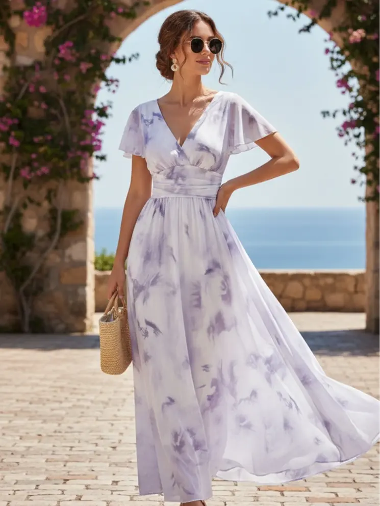 V-Neck ElegantLocalRuffle Hem Floral Print Waist Cinched A-Line Midi Dress, Romantic & FashionableFor Holiday