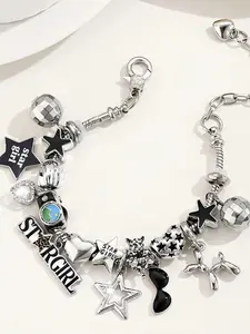 Silver Color Stargirl Charm Bracelet, Y2K Star and Disco Ball Sparkle Bead Bracelet, Fashion Layerable Women's Jewelry, Daily Wear