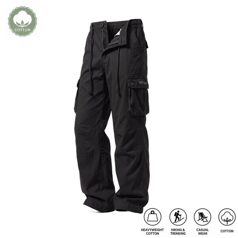 Men's Classic American-Style Heavy Cotton Cargo Pants - Mid Waist, Plain, Loose Cut, Durable, Breathable, Non-Overheating, Multi-Pocket, Button-Closure Trousers with Cuffed Hem for Hiking, Commuting