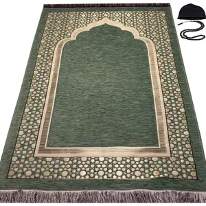 Modefa Turkish Islamic Prayer Mat - Thin Woven Chenille Sajjadah - Intricate Praying Rug Ramadan Eid Gift - Traditional Muslim Janamaz Sajada for Men Women - Geometric Selcuk Star (Light Green) Modefa