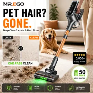 MR.EGO V8 20000pa of powerful suction. cordless vacuum features an 4-in-1 lightweight design with up to 50 minutes of runtime and This rechargeable cordless vacuum is ideal for carpets, tiles, pet hair, and hardwood floors.