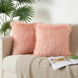 Flafia Faux Fur Fluffy Throw Pillow Covers, Solid Rose Blush, 18 x 18", Set of 2
