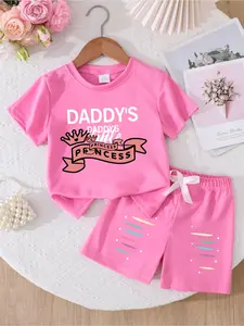 Girls summer game time printed short sleeve; summer shorts set; girls' clothing; children's summer outfit set; Round Neck Set