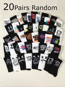 20 Pairs Teen Boys Socks, Abstract Painting Graffiti Artistic Unique Print, Fashion Casual Mid-Calf Socks, Comfortable Soft Unisex Urban Flair Street Style Sports Basketball Socks