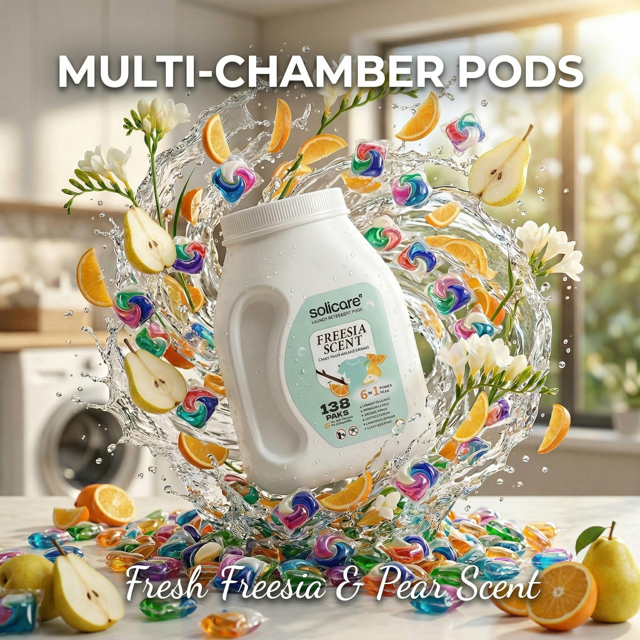 Z-Solicare-Fresh Freesia 6 in 1 Stain Fighting Odor Eliminating Ocean Breeze 138 Paks Multi-Chamber HE Compatible Laundry Detergent Pods for All Washing Machines