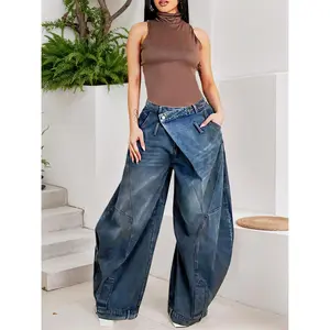 Y2K Women'S Cross-Buckle High Waist Pants - Asymmetrical Open Wide Leg Street Style Jeans, Vintage Tooling Casual Loose Pants with Pockets