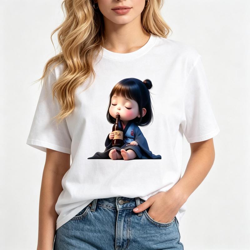 Women's Cotton Crew Neck Graphic T-Shirt - Cute Girl Kimono Beer Print, Comfortable Fitted Short Sleeve Top, Kawaii Streetwear Summer Outfit