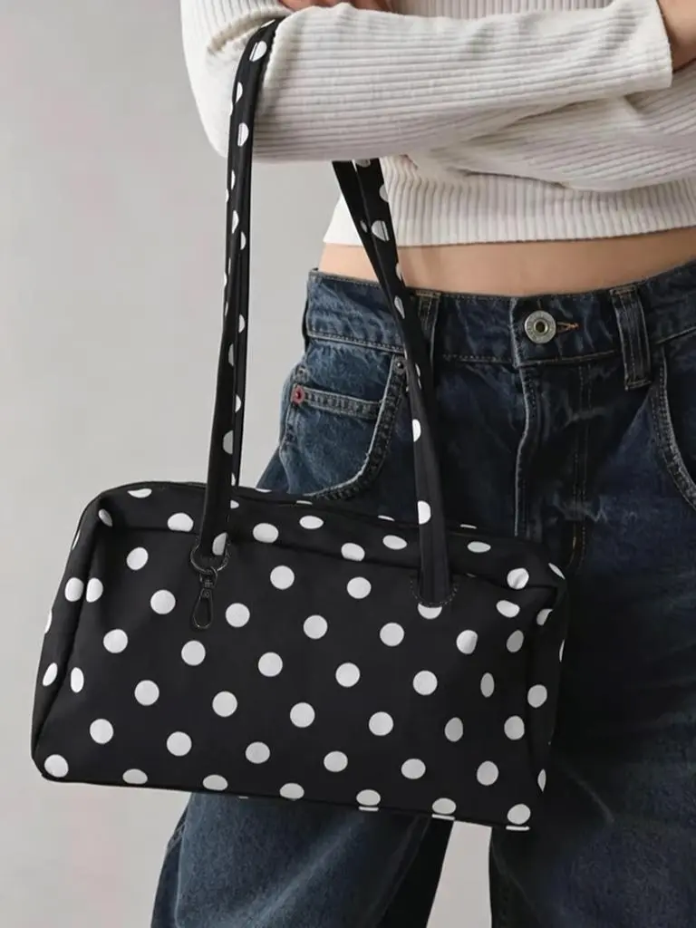 Women’s polka dot lunch box bag, large-capacity everyday shoulder bag, casual minimalist design lightweight multifunctional tote bag, fashionable multifunctional handbag, waterproof nylon durable commuter work bag, nylon bowling bag