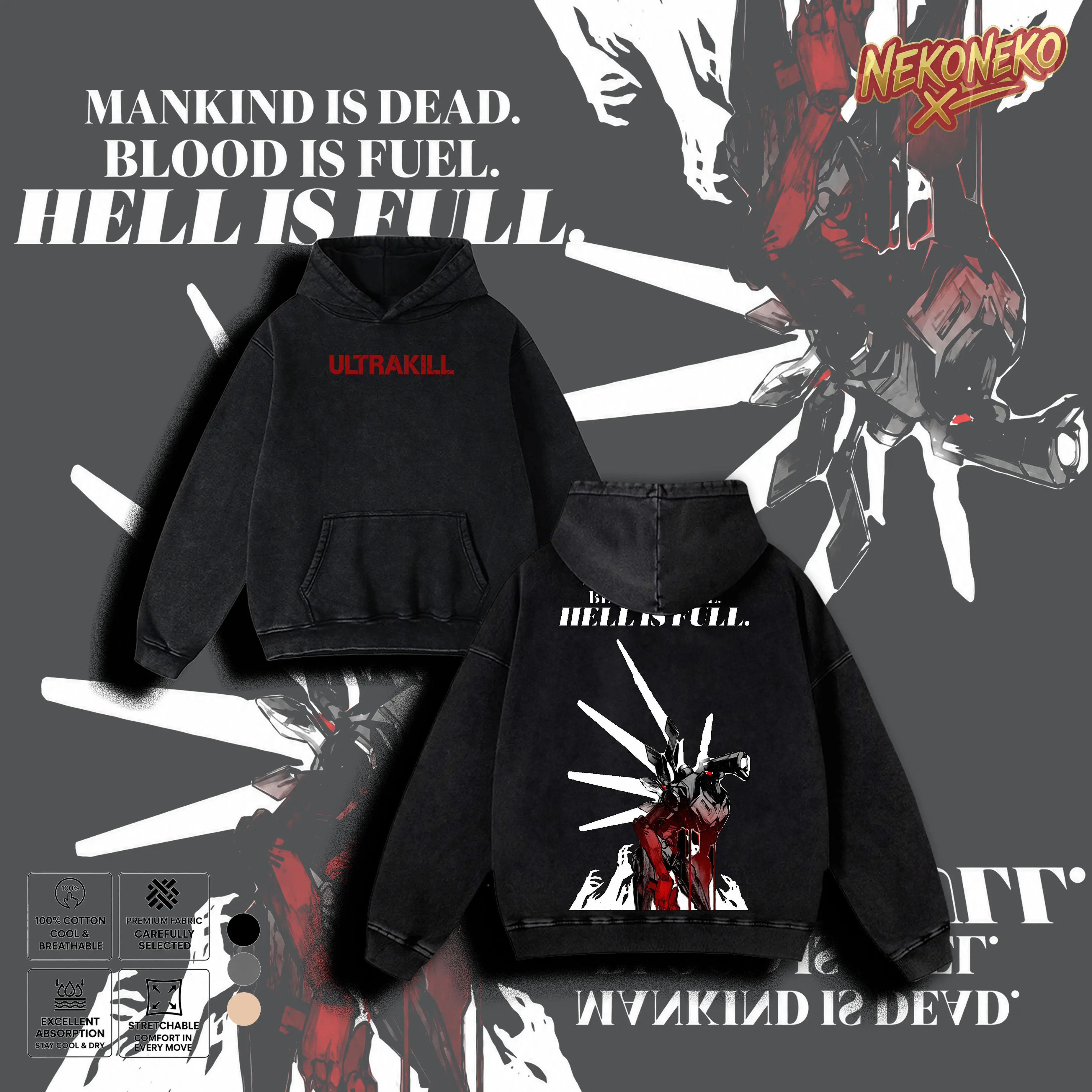 Ultrakill V1 Robot Graphic Washed T-Shirt, Mankind Is Dead Blood Is Fuel Vintage Hoodie, Heavyweight Premium Cotton Loose Fit Tee, Retro 90s Oversized Cotton Gamer Summer Outfits
