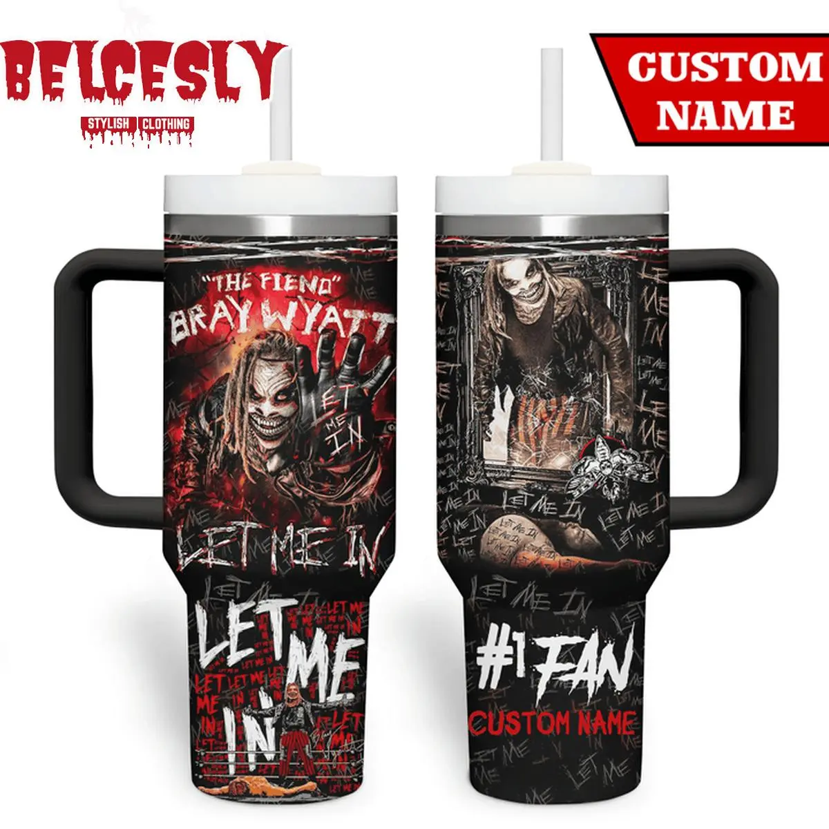 Halloween Bray Wyatt WWE Tumbler 40oz With Handle & Straw, Bray Wyatt Inspired Wrestling Travel Mug, Horror Wrestling Graphic Insulated Stainless Steel Cup, Leakproof Large Capacity Water Tumbler, WWE Fan Gift