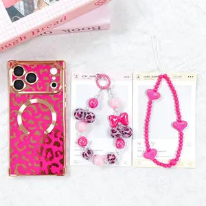 High-end leopard print glossy square smartphone case with matching beaded bracelet and heart bracelet, three-piece set, compatible with MagSafe, full-body protection for iPhone 17, 16, 15, 14, 13 Pro Max phone case, phone accessories