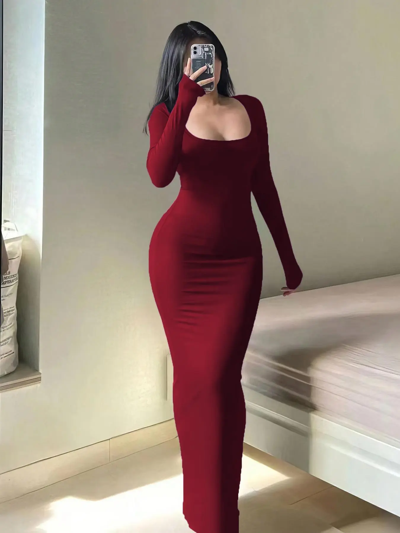 Women's Solid Color Tight Sleeve Bodycon Fit Dress, Casual Scoop Neck Long Dress for Spring & Fall, Women's Clothing for Daily Wear - TikTok Shop Women's Solid Color Tight Sleeve Bodycon Fit Dress, Casual Scoop Neck Long Dress for Spring & Fall, Women's Clothing for Daily Wear - TikTok Shop