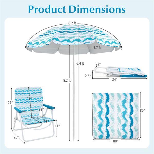 4-Piece Beach Set with 6.2ft Sun-Proof Umbrella, 2 Folding Chairs & 80"x80" Waterproof Blanket-Blue