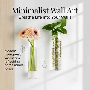 2pcs Modern Wall-Mounted Glass Vase Set, Clear Cylinder High Borosilicate Planters for Hydroponic Plants and Fresh Flowers, Adds Minimalist Greenery and Style to Your Wall