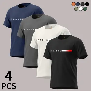 4-pack men’s fashion casual crew neck graphic T-shirts for summer everyday wear, color-block letter print, number print, street style, casual minimalist design, comfortable and versatile short-sleeve men’s T-shirts