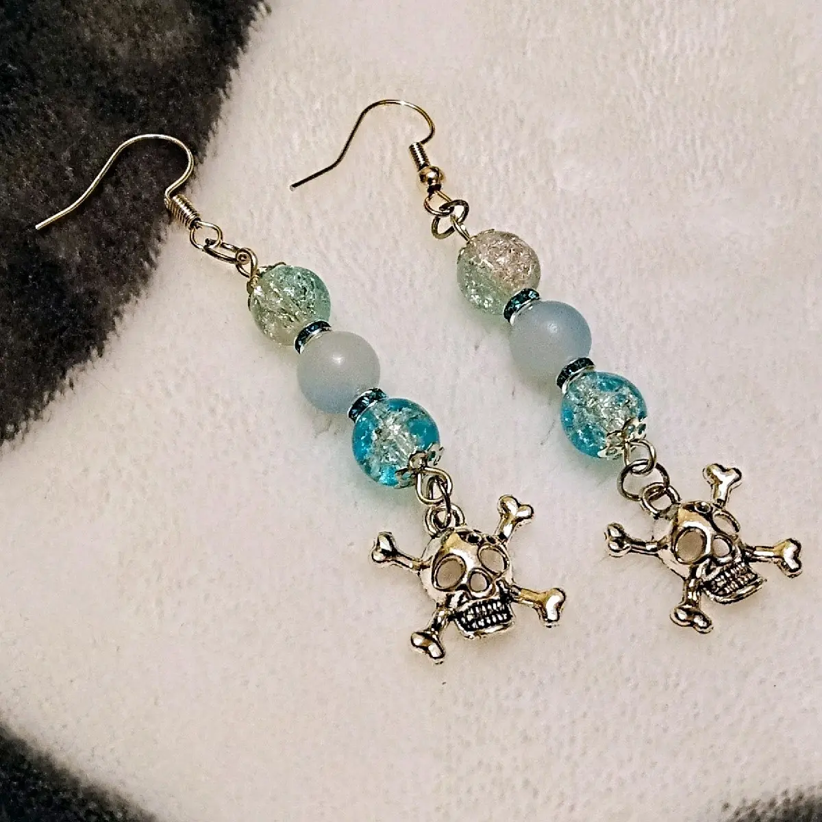Handmade Blue Glittered Beads Skull Charm Silvertone Earrings