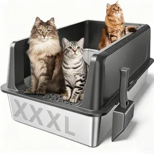 XXXL 28''x20" Extra Large Stainless Steel Cat Litter Box For Big Multi-cat Non Stick Cat Toilet Pet Products Odor Free Litter Pan with Lid Removable Top Cover Effortless Cleaning