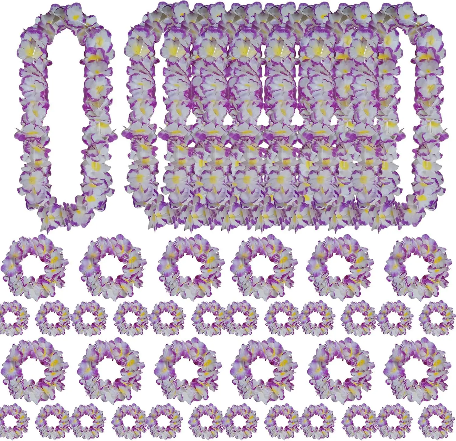 Graduation Lei Thickened Hawaiian Leis Bulk Tropical Flower Purple Leis for Luau Party Jumbo 12 Headband 24 Bracelets 12 Floral Garland Hula