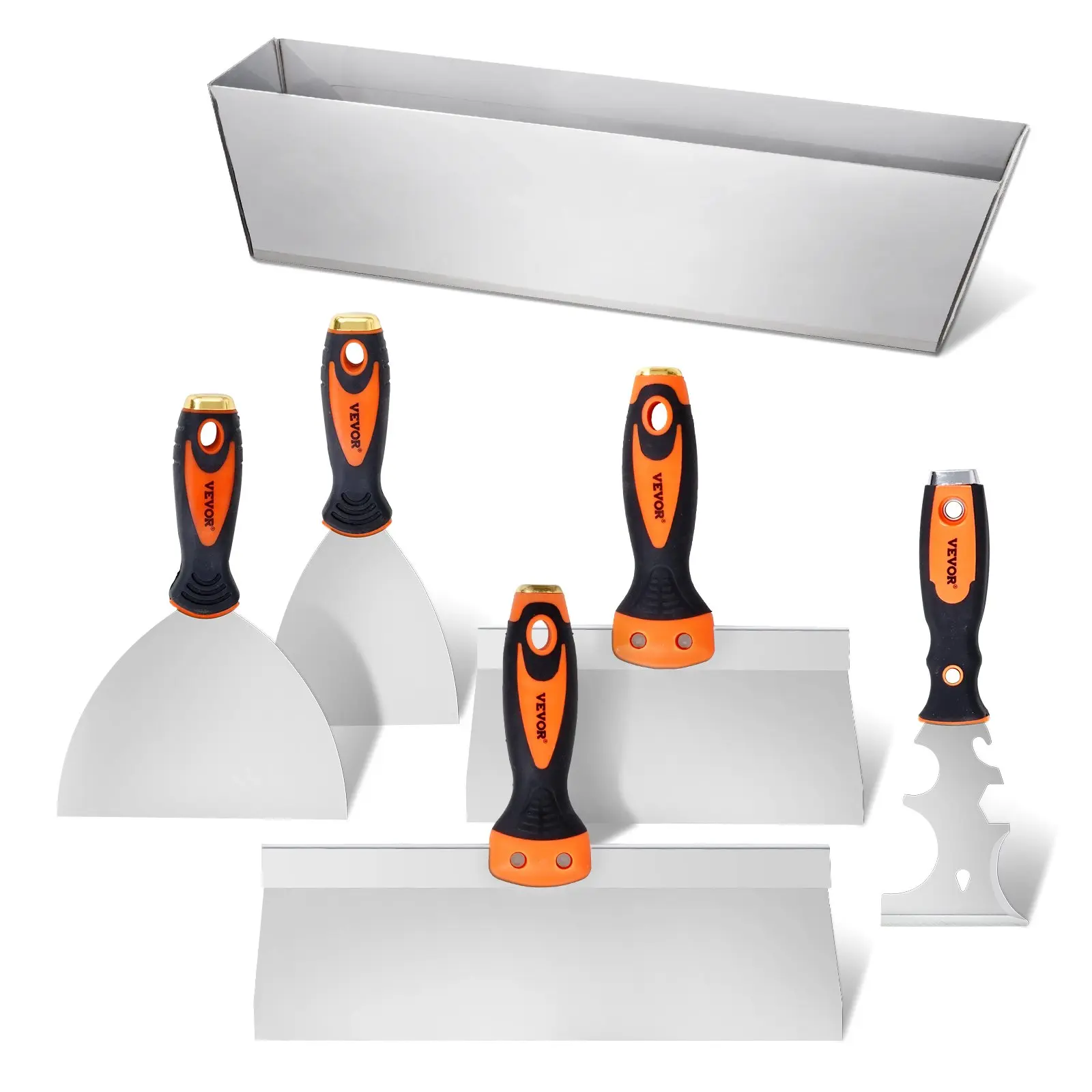 VEVOR 6-Pcs Drywall Tool Set, Stainless Steel Spackle Tools with 3" Painter Scraper, 2 Putty Knives, 2 Taping Knives (6", 4", 8"), 12" Mud Pan, 1.25 kg, Sturdy, Easy to Clean, Ideal for Home Renovation