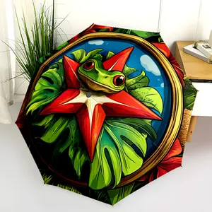 1 PC Automatic Folding Umbrella - Frog with Star and Tropical Leaves Pattern, Portable & Foldable Design with 8 Ribs, Merry Christmas Pattern,Casual Outdoor Accessory Halloween and Christmas Birthday Gifts. G00116