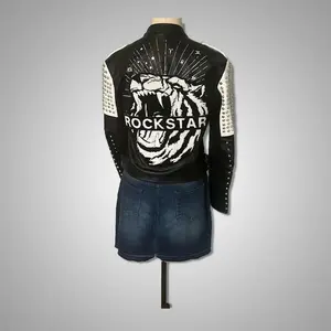 Rockstar Black and White Studded Faux Leather Biker Jacke Fit Jacket Womenswear Coats Ladies Statement Tops Comfort Long Sleeve Outerwear gothic clothing