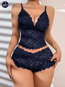 Women's Lace Deep V Neck Backless Bra & Panty Underwear Set, French Style Removable Inner Padding Wire-free Bra, Elegant Daily Wear Womenswear