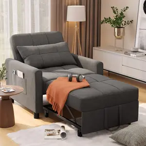 3-in-1 Convertible Futon Sofa Bed, Aesthetic Comfy Linen Recliner Chair with Adjustable Backrest, Home Design Lounge Furniture for Living Room Small Space, Dark Grey Daybed