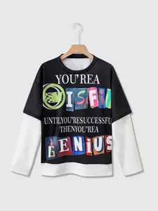 Neutral Streetwear Fake Two-Piece Long Sleeve T-Shirt, Casual Sporty Y2K Style, Contrast Round Neck, Unisex Tee