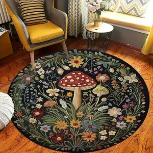 1PC Whimsical Mushroom Floral Round Felt Rug Easy Clean, Non Slip Floor Mat for Living Room, Bedroom, Entryway Seasonal Festive Christmas Home Decoration Decor Accent Floral Area Rug