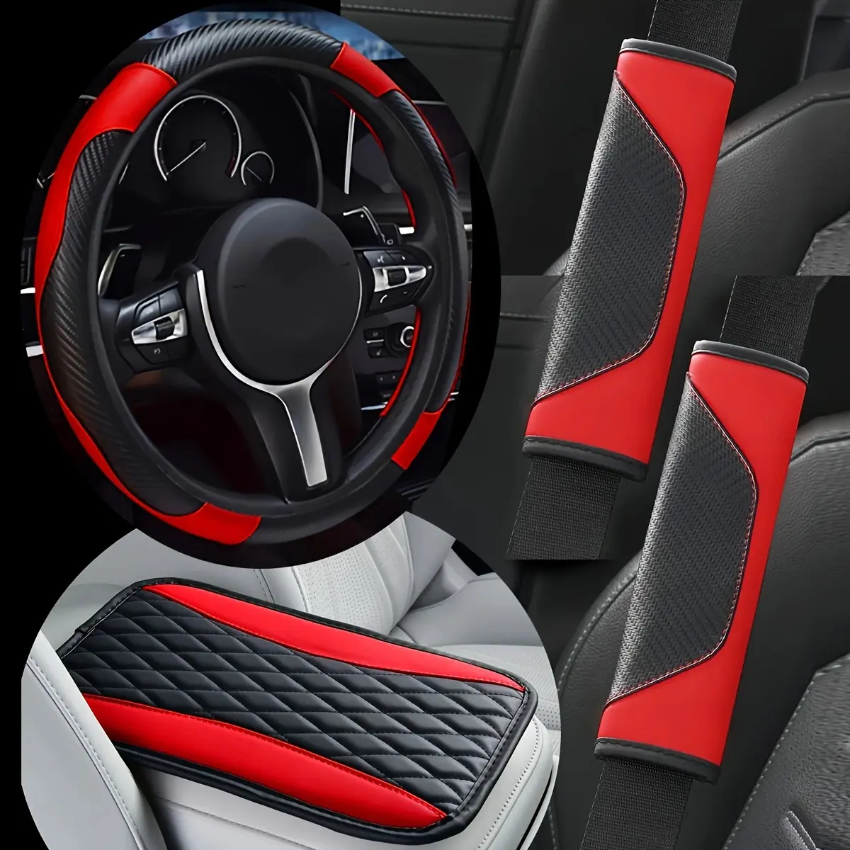 4Pcs/set steam PU leather steering wheel cover armrest box pad comfortable breathable seat belt protective cover car supplies set Car Interior Accessory Car Accessories