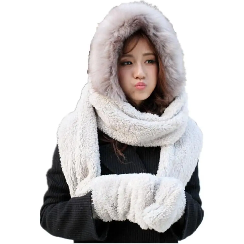 Women's 3-in-1 Velvet Fleece Warm Hooded Scarf Set - Hoodie, Scarf, Gloves, Plain, onesize, 33.5in/85cm, Breathable, Daily Female Home Supplies Accessory, Complete Protection, Warmth Boost (Ideal for Birthday, Christmas Gifting)