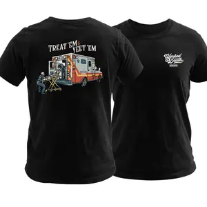 Treat ’Em & Yeet ’Em EMS T Shirt, Ambulance Paramedic Graphic Tee with Stretcher Load Scene, Soft Cotton Blend Shirt, Worked to Death First Responder Apparel for Men & Women, Funny EMS Gift Idea
