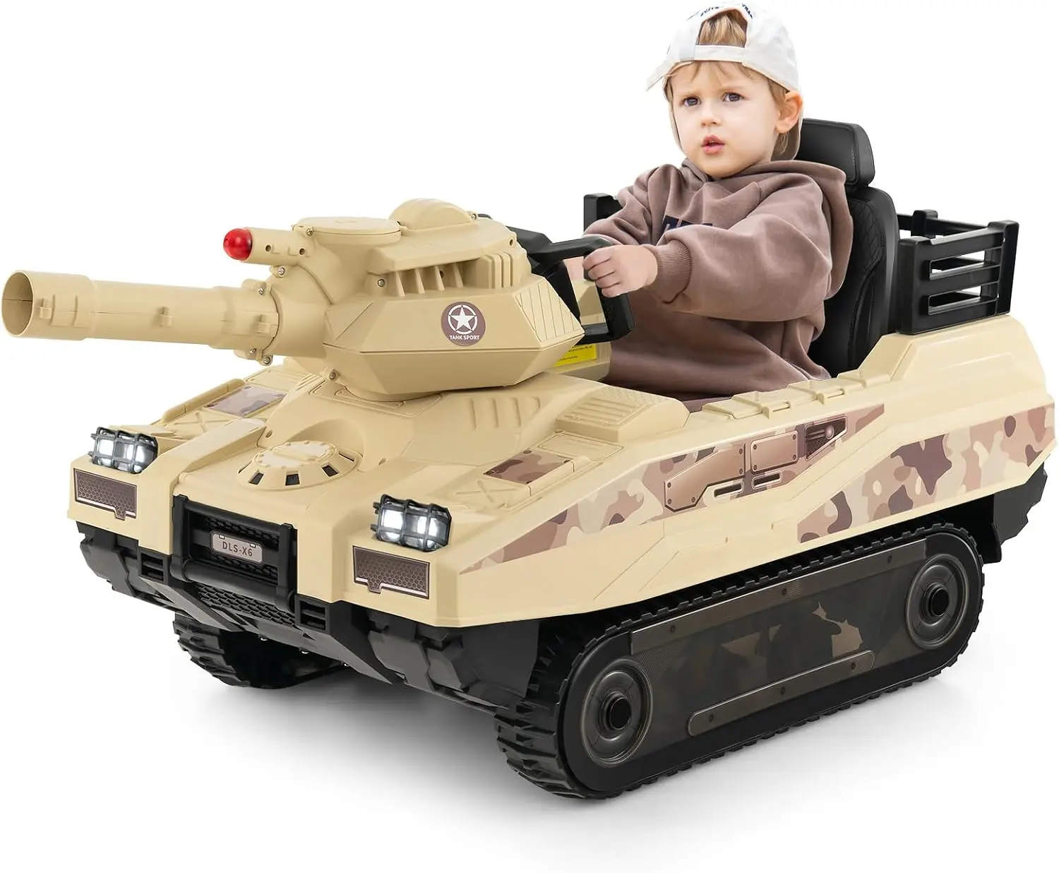 Costzon Kids Ride On Tank, 12V 12AH Battery Powered Toy Tank w/Rubber Tracks, Rotatable Turret & Working Cannon, Music, Wireless Design, 8 Missiles, Kids Ride on Car, Gift for Kids Aged 37-95 Months