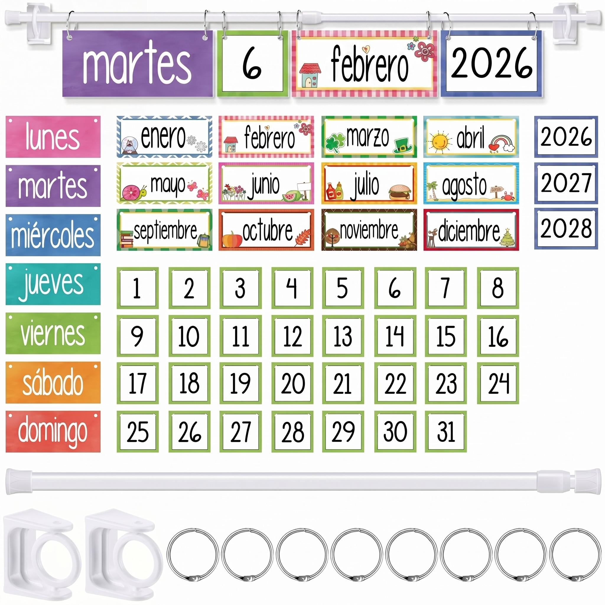 Spanish Classroom Flip Calendar Back to School Reusable Classroom Calendar Calendario Espanol First Day of School Bulletin Board White Board Classroom Decor Teacher Hack Organization Kit Include Rod and 54 Date Cards for Preschool kindergarten Primary
