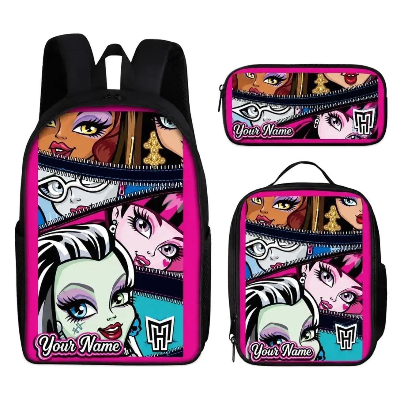 Personalized Y2K Monster Doll School Backpack Set with Name, Custom Spooky Cute Bookbag, Matching Lunch Box and Pencil Pouch, Kids Gift Bundle