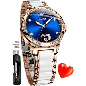 OLEVS Automatic Watch for Women Self Winding Ladies Diamond Wrist Watch Luxury Dress Rose Gold Ceramic Watch for Women Love Heart Date