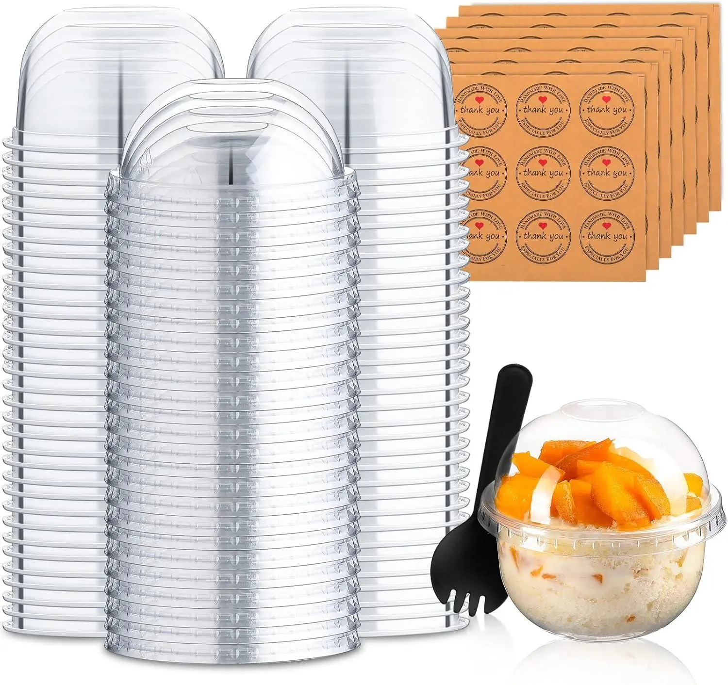 50-Pack 9 oz Leak-Proof Disposable Plastic Dessert Cups with Dome Lids (No Hole), Spoons & Thank-You Stickers for Events, Individual Servings of Yogurt Parfait, Ice Cream, Pudding, Cakes