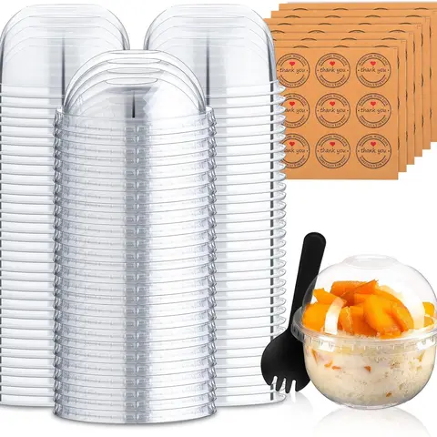 50 Pcs Bulk Plastic Dessert Cups (9 oz/250ml Leak-Proof Disposable, Non-Toxic Commercial) with No-Hole Dome Lids, Spoons & Thank-You Stickers - Ideal for Weddings, BBQs, Picnics, Yogurt Parfait Servings