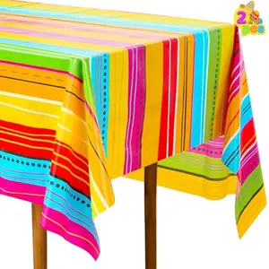 2 pcs Cinco De Mayo Printed Plastic Tablecover (54 x 108 INCHES), Multi Color Fiesta Style Tablecloth for Mexican Themed Party, Taco Night, Birthday