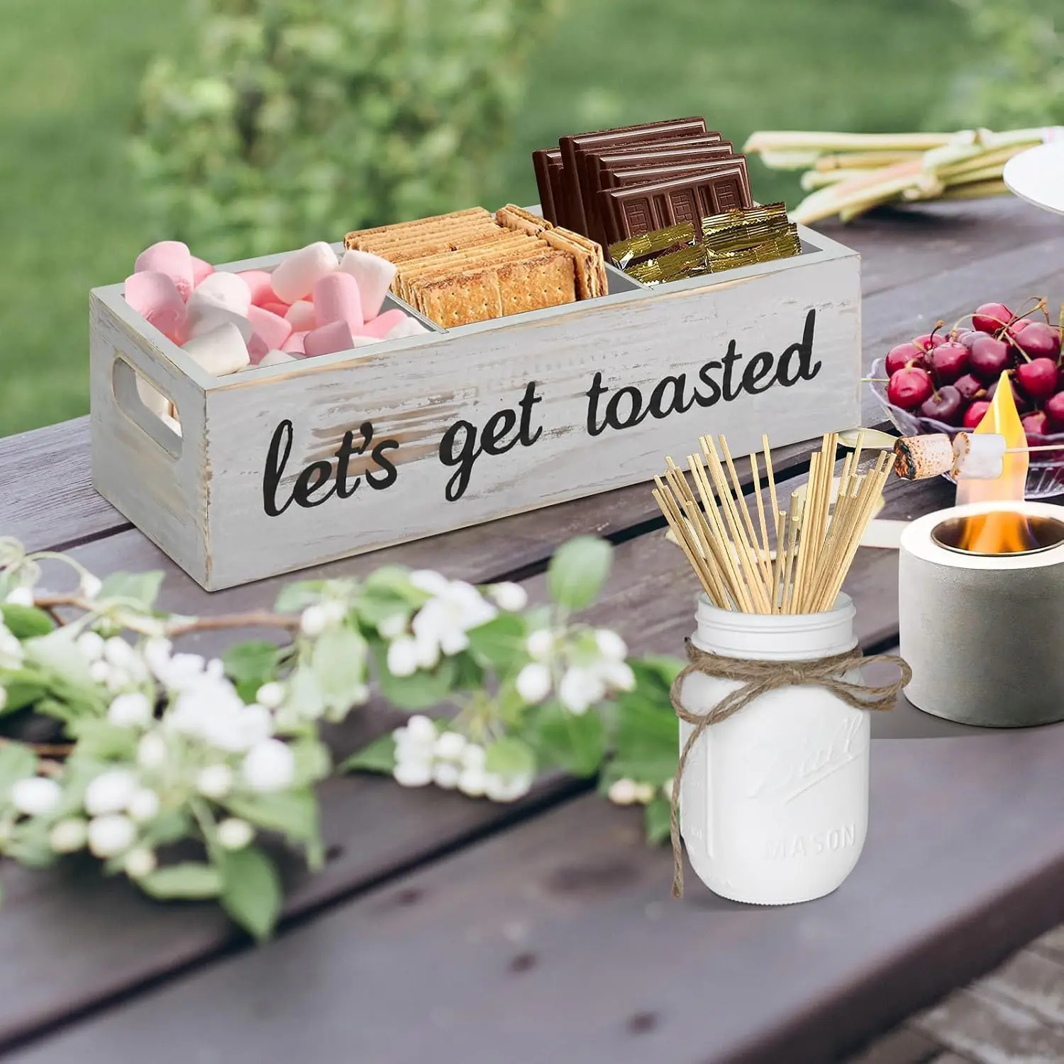 S'Mores Station With Mason Jar, Farmhouse S'mores Bar Holder with Handle, 4 Section Smores Caddy & Smores Accessories Organizer, Smores Maker Container Box for Smores Kit, Smores Tray