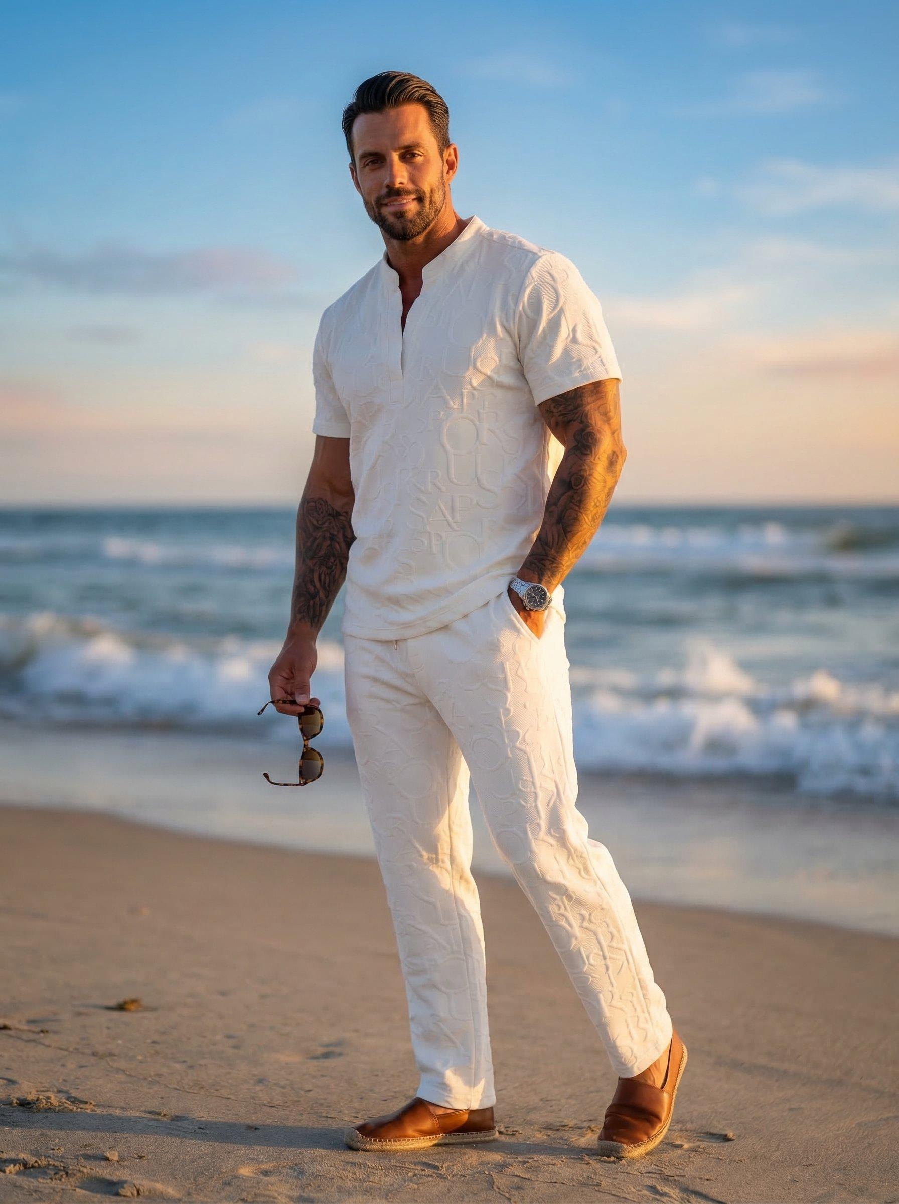 KZZ Men's Textured Letter Embossed Tee & Drawstring Waist Pants Regular Fit Casual Short Sleeve Notched Neck Top Above the Ankle Elastic Waist Trousers Spring Fall Clothe，FallFreshness summer vocation gifts for him Pocket Shortsleeve men 2 piece sets