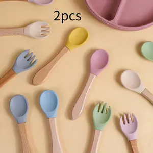 2pcs Fork And Spork Set, Bamboo And Silicone Utensils, Self Feeding, Christmas, Thanksgiving, And New Year Gift